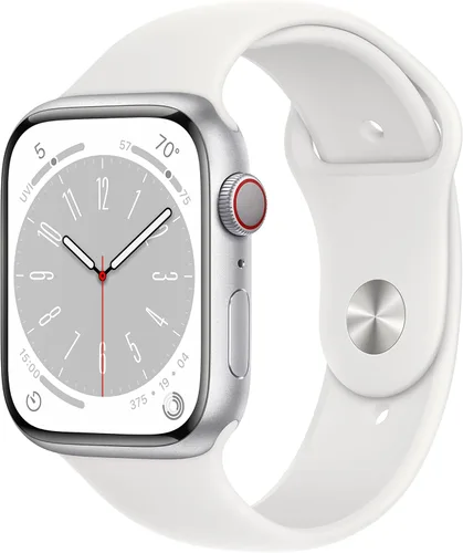 Apple Watch Series 8 [GPS + Celular 45mm] Reloj inteligente con caja de aluminio plateado y correa deportiva blanca - S/M. Rastreador de fitness,