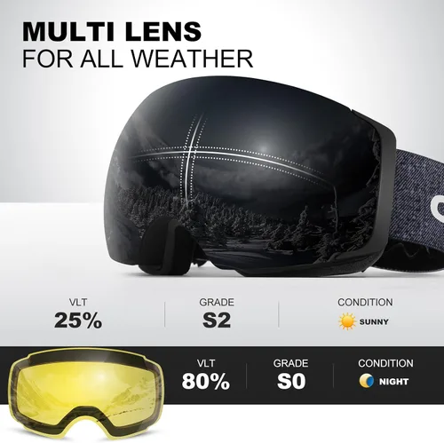 Miniatura 2 de Odoland Magnetic Interchangeable Ski Goggles with 2 Lens, Large Spherical Frameless Snow Snowboard Goggles for Men Women