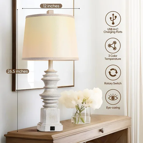 Miniatura 3 de QiMH - Juego de 2 lámparas de mesa para mesita de noche, lámpara de noche con dos puertos de carga USB, lámparas de mesa de decoración de granja