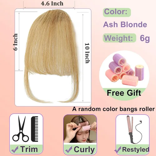 Miniatura 2 de Flequillo con clip de cabello 100 % humano, cortina de adelgazamiento de aire para mujer, plana natural, curvada, delgada, falsa rubio ceniza