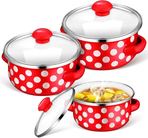 Juego de 3 mini ollas de cocina esmaltadas con asas dobles y tapas, parte inferior plana para calefacción uniforme para sopas, salsas, guisos, uso