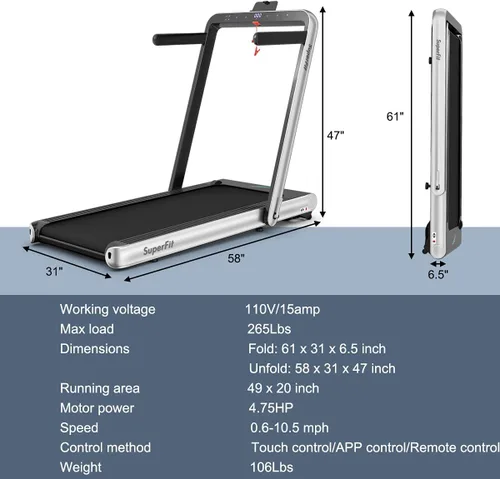 Miniatura 7 de GYMAX Caminadora plegable para debajo del escritorio, 4.75 HP 2 en 1 con control de frecuencia cardíaca, control de aplicación, pantalla táctil LED