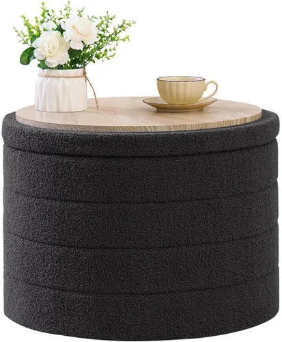 Miniatura 13 de B FSOBEIIALEO Otomana con Almacenamiento, Taburete Otomano de Almacenamiento Redondo Sherpa, Reposapiés Boucle 14.6"x14.6"x17.7" (Beige)