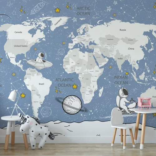 Papel tapiz para habitación de niños, espacio de astronauta, mural de mapa gigante del mundo con países, papel tapiz para guardería, despegar y