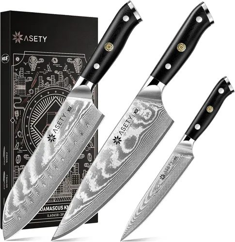 Juego de cuchillos de cocina Damasco 3 piezas: cuchillos japoneses NSF aptos para alimentos con núcleo de acero VG10, juego de cuchillos de chef
