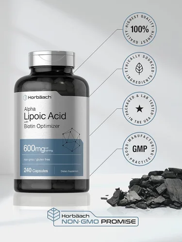 Miniatura 5 de Horbäach Ácido alfa lipoico de 600 mg 240 cápsulas con optimizador de biotina Suplemento sin OMG y sin gluten