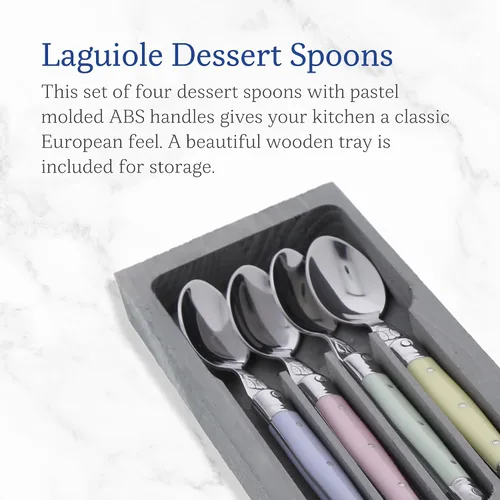 Miniatura 2 de Jean Dubost Laguiole - Cucharas de café y postre de 4 piezas, asas pastel, acero inoxidable resistente al óxido, incluye bandeja de madera
