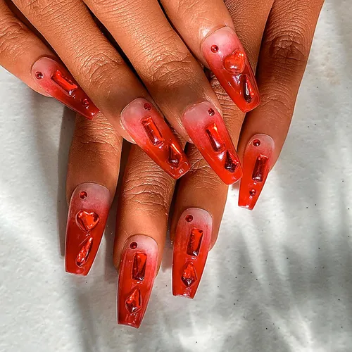Uñas postizas largas con diamantes de imitación rojos con cristales de corazón 3D, degradadas, hechas a mano, a presión, para salón de uñas, uñas
