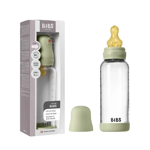 Miniatura 33 de BIBS Biberón de vidrio para bebé. Anticólico. Tetilla de látex de goma natural redonda. Respalda la lactancia natural, Juego completo - 225 ml, Azul