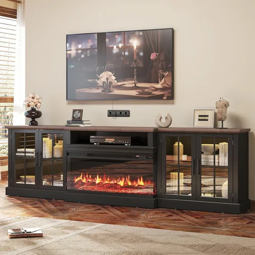 Miniatura 10 de Mueble de TV de estilo granja de 98" con chimenea de 36" para televisores de hasta 100", centro de entretenimiento multimedia con estantes Blanco