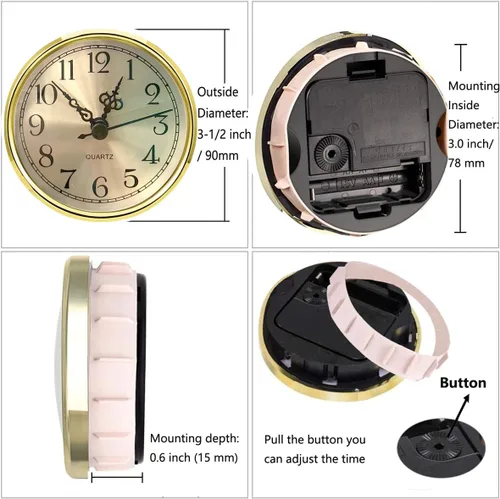 Miniatura 2 de HILLHOME Mini reloj redondo de cuarzo, esfera dorada de 3.5 pulgadas, bisel dorado, números arábigos, se adapta a agujeros de 3.0 pulgadas (3.071 in)