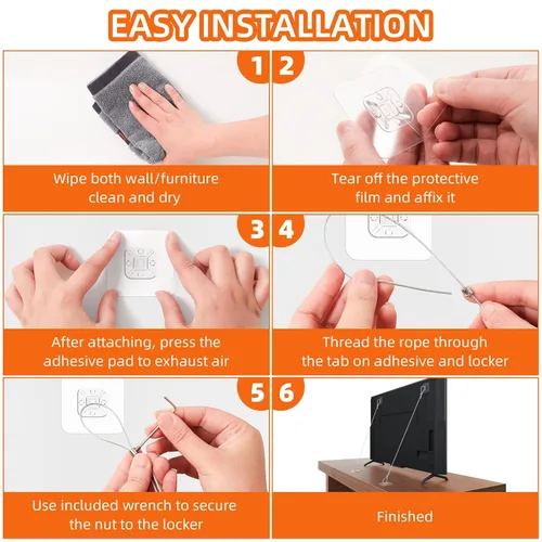 Miniatura 7 de Vinkqiado - Paquete de 6 correas de seguridad ajustables de metal de 42 pulgadas para TV, sin taladro, adhesivos antipuntas, anclajes de pared