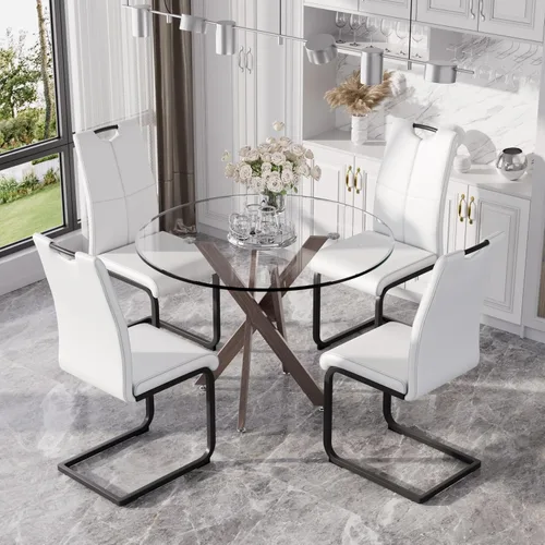 Miniatura 16 de Juego de mesa de comedor redonda moderna de vidrio de 36 pulgadas para 2, mesa de comedor de vidrio con patas cruzadas de metal, mesa de cocina