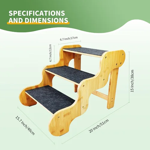 Miniatura 3 de Escaleras para perros pequeños, rampa de madera de bambú de 3 escalones para perros, mascotas/gatos para sofá, cama y automóvil, puede soportar un