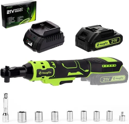 Llave de trinquete eléctrica de 21 V, llave de trinquete inalámbrica de 3/8 pulgadas, 40 N.M, trinquete a batería con batería y cargador (2.0 Ah),