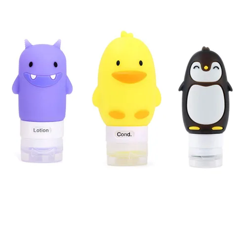 Tvoip 3pcs 2.0 fl oz/3.0 fl oz/3.4 fl oz portátil de dibujos animados animales pequeños monstruos pingüino pato silicona viaje caso organizador