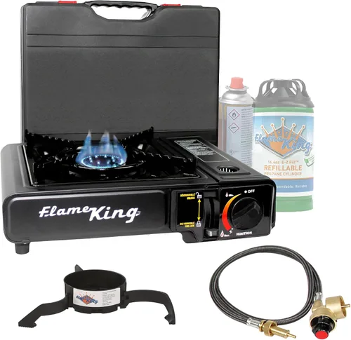Flame King YSNVT-505-B Estufa de campamento de gas butano y propano de combustible dual con un solo quemador, portátil e ideal para cocinar al aire