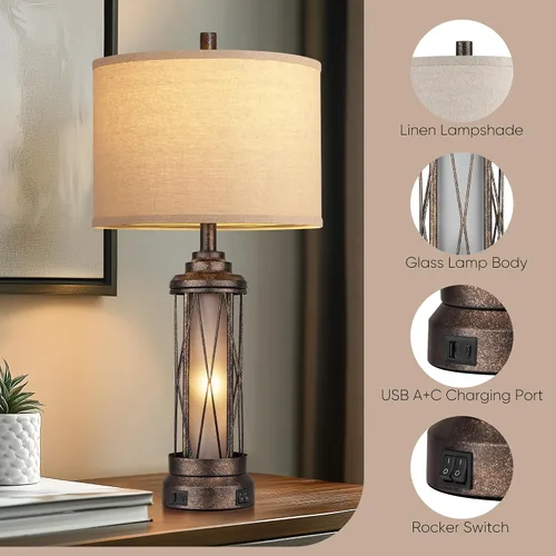 Miniatura 6 de QiMH Lámparas de mesa Farmhouse para sala de estar, lámparas rústicas de mesita de noche para dormitorio con puertos de carga USB A+C, lámpara