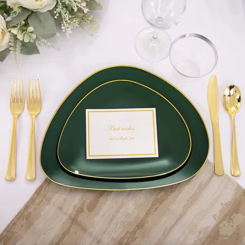 Miniatura 8 de DaYammi 180 platos de plástico verde, platos desechables de oro verde con cubiertos dorados que incluye: 30 platos llanos, 30 platos de postre, 90