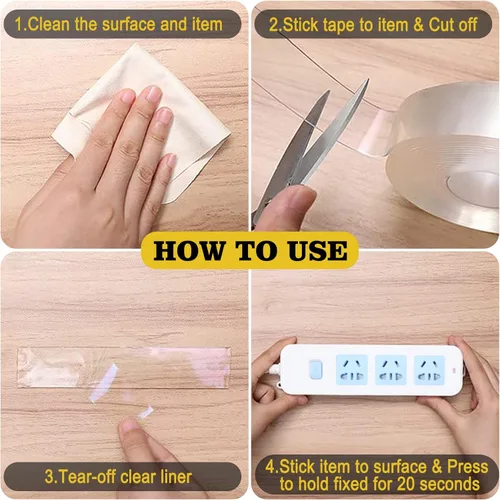 Miniatura 4 de Kelasy Cinta de doble cara extra grande, resistente, 1.2 x 200 pulgadas, cinta de montaje nanoadhesiva, transparente, fuerte agarre adhesivo