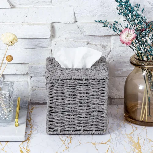 Miniatura 2 de MyGift Caja de pañuelos cuadrada gris con tapa – Soporte decorativo de ratán Kleenex, soporte de tejido para papel higiénico, baño, dormitorio, sala