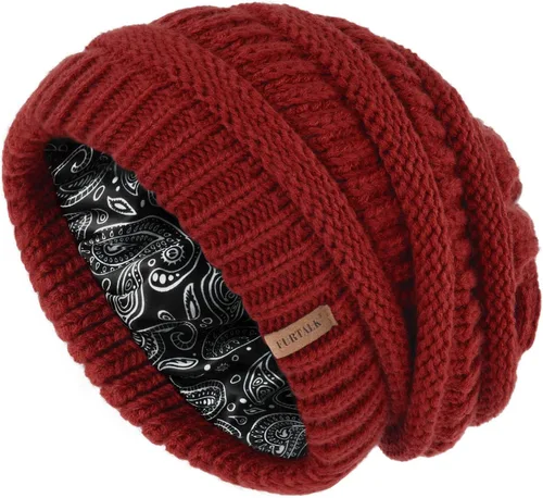 FURTALK Gorro de invierno para mujer, con forro de satén, tejido trenzado, grueso, holgado, gorro cálido