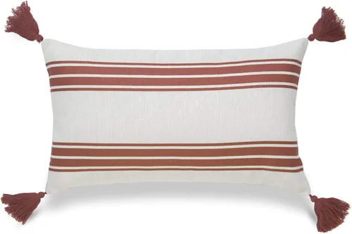 Miniatura 11 de Hofdeco Solo funda de almohada decorativa de otoño, para sofá, cama, borla a rayas naranjas, 18 x 18 pulgadas Borla de rayas naranja claro 18"x18