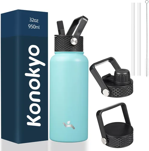 Miniatura 8 de Konokyo - Botella de agua aislada de 18 onzas, botellas deportivas de acero inoxidable con 3 tapas, verde militar
