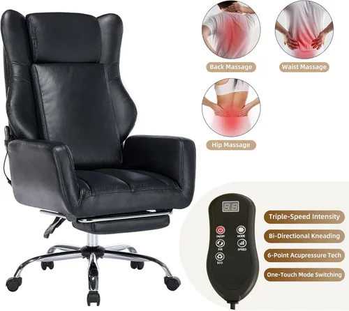 Miniatura 4 de DYHOME Silla de oficina de cuero negro con masaje y reposapiés, sillas de escritorio de trabajo resistentes, sillas de escritorio ergonómicas