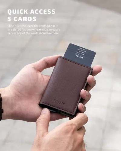 Miniatura 2 de VULKIT Tarjetero RFID Bloqueo de Cuero Automático Pop Up Cartera Aluminio Slim Pocket Tarjeta de Visita