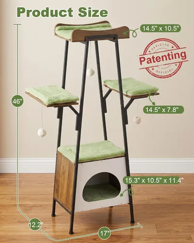 Miniatura 8 de Torre moderna de árbol para gatos de 46 pulgadas para gatos grandes, torre para gatos de varios niveles con bolas de juguete juguetonas, percha