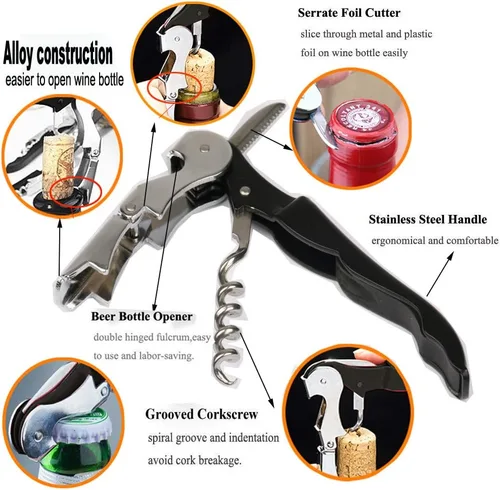 Miniatura 2 de Juego Profesional de Sacacorchos para Camareros, Llave de Vino de Acero Inoxidable Resistente con Bisagras para Camareros de Restaurantes