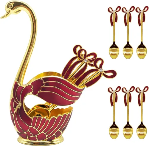 Miniatura 11 de Flylin Juego de cucharas de postre de café, soporte con base de cisne con 6 cucharas de helado, cucharaditas de café, postre y azúcar, cubiertos