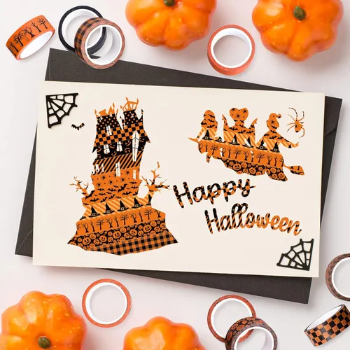 Miniatura 6 de Whaline 12 rollos de cinta Washi de Halloween, naranja y negro, calabaza, araña, murciélago, bruja, sombrero de bruja, cinta adhesiva de 0.591 in