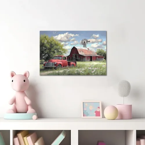 Miniatura 2 de Lienzo de pared de camión antiguo de granja, arte de pared de granero rústico, impresiones de lienzo de camioneta vintage de campo, impresiones