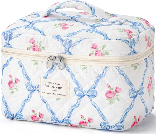 Miniatura 15 de HBselect Bolsa de Maquillaje Acolchada, Bolsa de Maquillaje Grande de Algodón para Viaje, Lindas Bolsas de Maquillaje con Flores Coquette, Bolsas