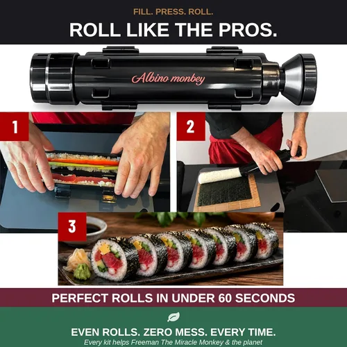 Miniatura 7 de Albino monkey Kit de fabricación de sushi con cuchillo Pro Sashimi – Rollo de más de 10 tipos de sushi – Bazuca de sushi, bambú + alfombrillas aptas