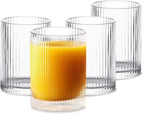 INSETLAN Juego de 4 vasos de vidrio vintage, estilo origami, transparentes, estilo Origami, para bar, bebidas, café helado, jugo ondulado, 9.1 fl oz