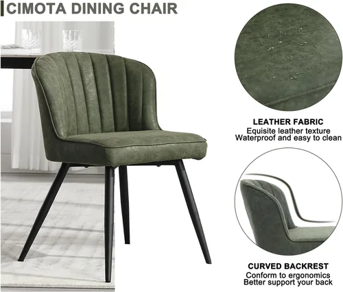 Miniatura 2 de CIMOTA Juego de 2 sillas de comedor de cuero verde, modernas sillas de comedor con patas de metal negro, sillas de cocina tapizadas con respaldo