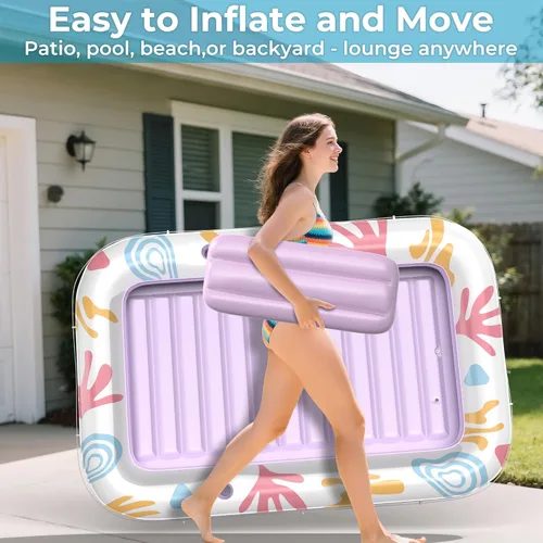 Miniatura 16 de Flotador inflable de bronceado para piscina con lona de protección, flotadores de piscina de 70 x 46 pulgadas para adultos con almohada, flotador 6