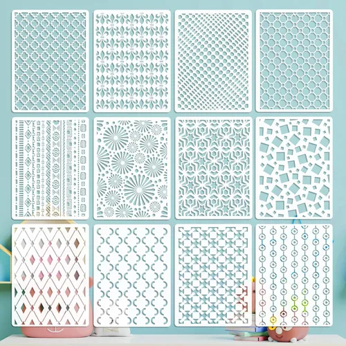 OOTSR Juego de 12 plantillas de pintura geométrica, plantillas de arte de 11.4 x 8.3 pulgadas para manualidades reutilizables, plantillas de pintura