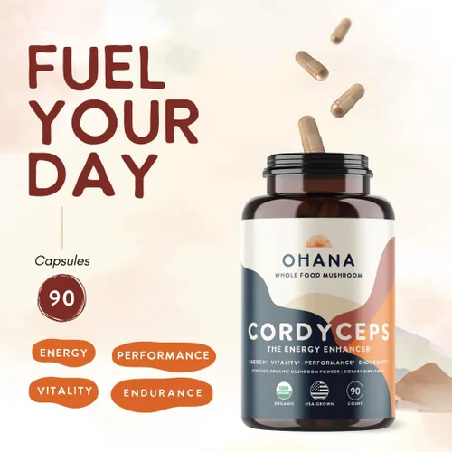 Miniatura 3 de Ohana Cordyceps, mezcla de hongos orgánicos, suplemento orgánico de hongos integrales USDA, sin OMG, sin gluten, botella de 90 cápsulas, paquete de 1