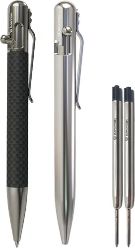 BASTION Bolígrafos Bolt-Action con 2 cartuchos de tinta negros adicionales, fibra de carbono, acero inoxidable, juego de regalo combinado, bolígrafo