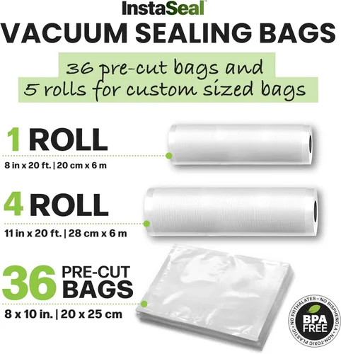 Miniatura 2 de InstaSeal Bolsas de sellado al vacío para alimentos, 36 bolsas precortadas de 8 x 10 pulgadas y 5 rollos, cuatro rollos de 11 pulgadas x 16 pies