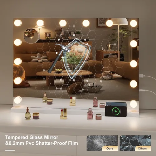 Miniatura 6 de Hasipu Hollywood Espejo de tocador con luces y altavoz Bluetooth, espejo de maquillaje de 29 x 20 pulgadas con 14 bombillas LED regulables, 3 modos