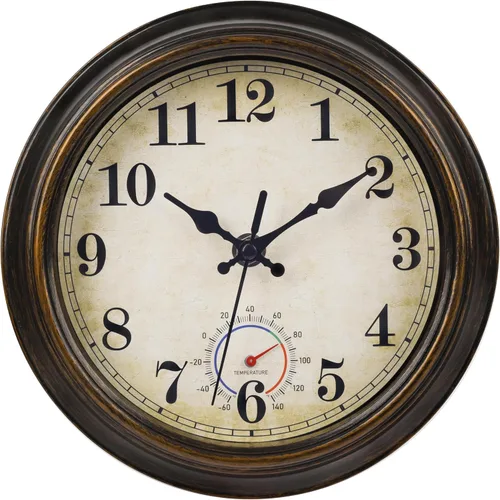 Miniatura 9 de Relojes para exteriores impermeables con termómetro, reloj de pared costero rústico para patio, piscina, jardín (12 pulgadas, azul)