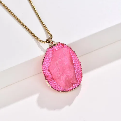Miniatura 2 de Collar con colgante rosa de imitación de piedra Drusy rosa, piedra preciosa rosa para niña, regalos de boda para aniversario, día de la madre, día