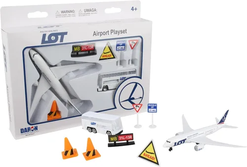 Daron LOT Polish Airlines Airport Playset – Avión de juguete de metal fundido a presión con accesorios – Set de juego de aerolínea con licencia