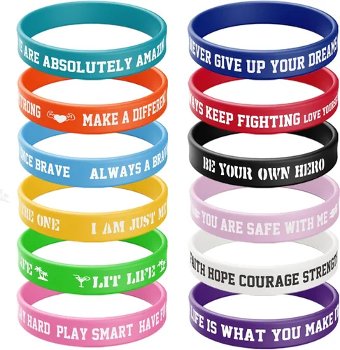 Miniatura 9 de ZIQON 12 piezas de pulseras de goma inspiradoras, pulseras de silicona con citas motivacionales, pulseras elásticas de colores, unisex