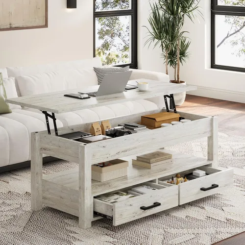 Miniatura 11 de FABATO Mesa auxiliar elevable de 41.7 pulgadas con 2 cajones de almacenamiento con compartimento oculto, estante de almacenamiento abierto para sala
